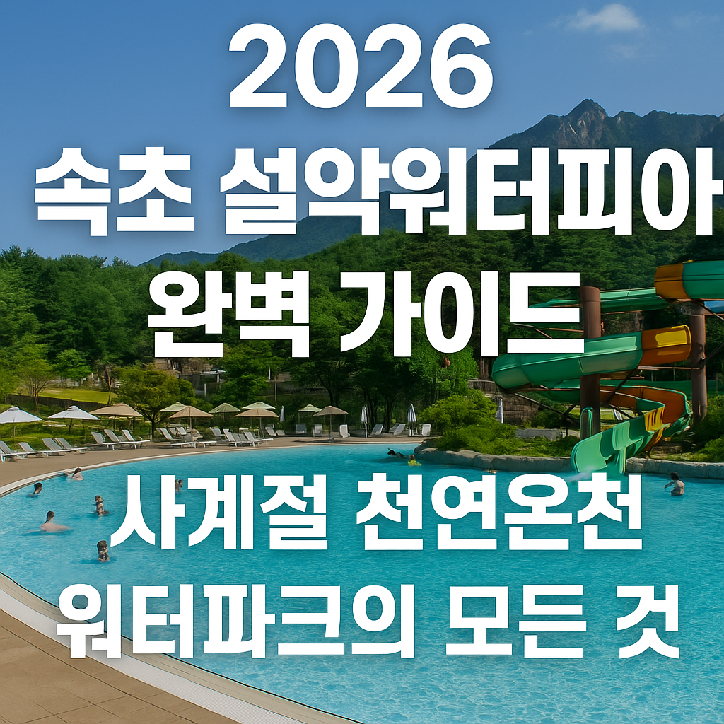 2026 속초 설악워터피아 가이드 썸네일 이미지. 실외 온천 풀과 워터슬라이드, 설악산 능선이 배경으로 보이며 중앙에 ‘2026 속초 설악워터피아 완벽 가이드 ❘ 사계절 천연온천 워터파크의 모든 것’이라는 큼직한 흰색 텍스트가 배치된 여행 정보 홍보용 이미지.