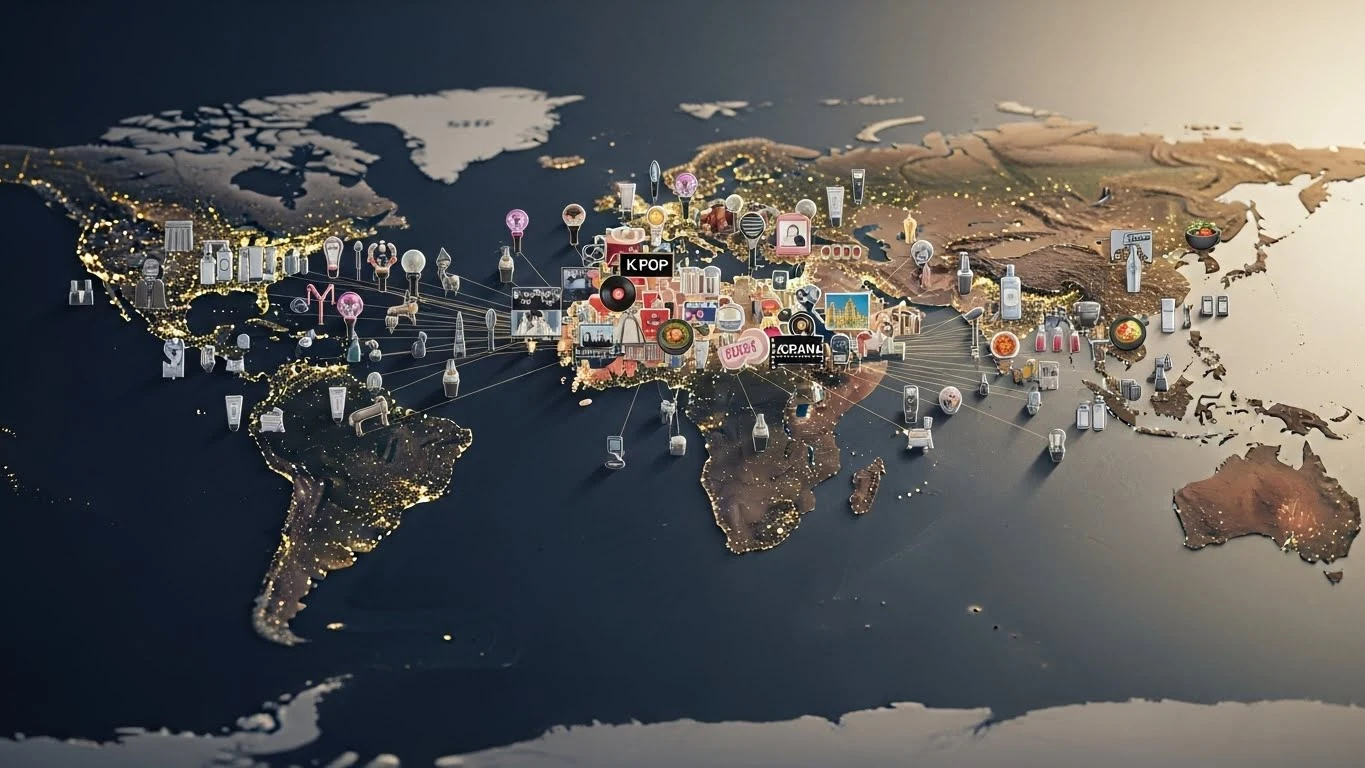 세계지도 위에 한국 문화가 자연스럽게 퍼져나가는 이미지