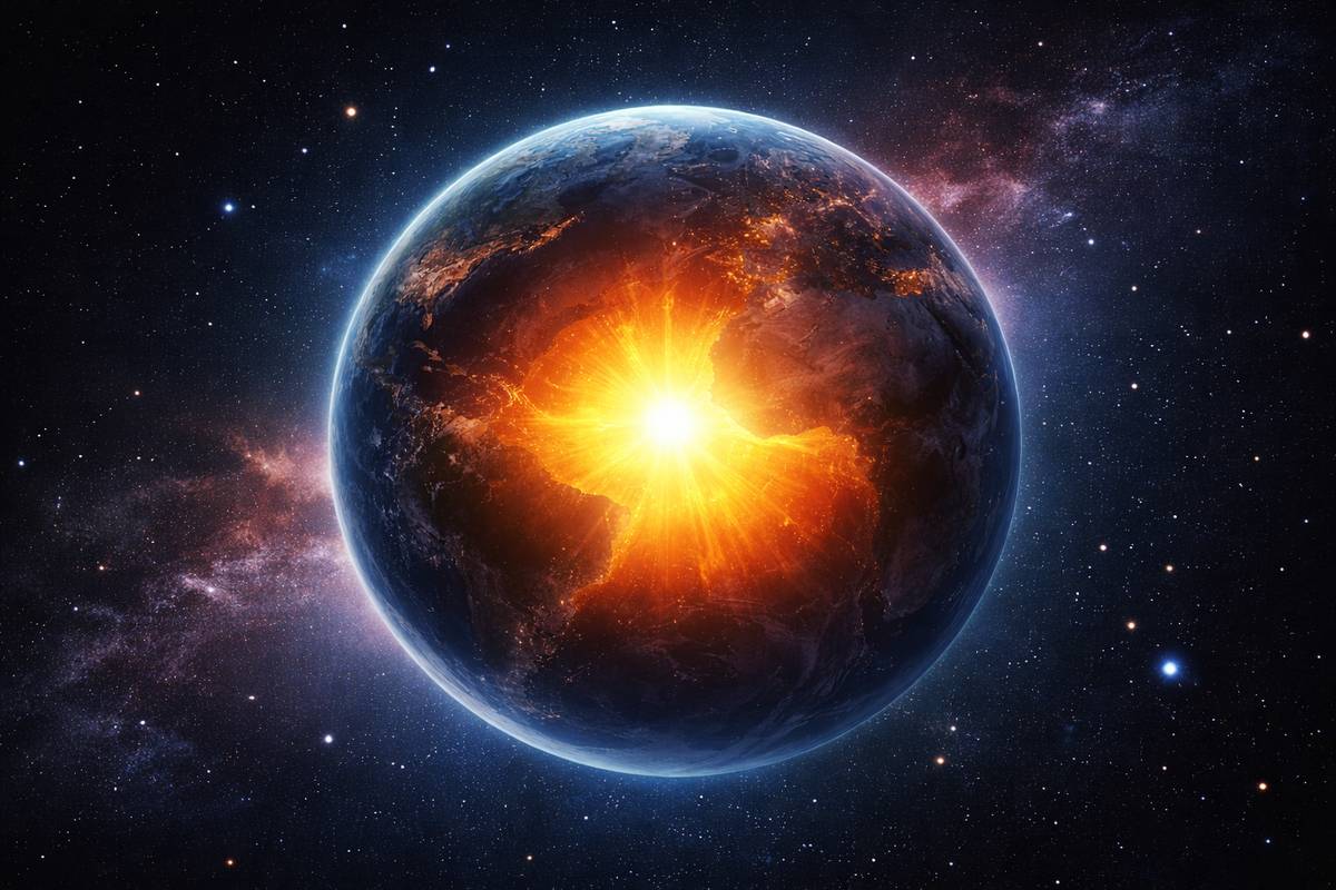 지구 중심에 철이 집중된 구조를 단면으로 표현한 디지털 일러스트