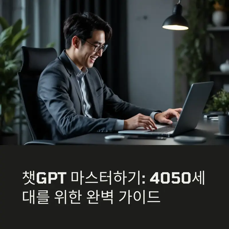 정장 차림의 중년 남성이 노트북으로 챗GPT를 사용하는 모습, 40~50대를 위한 AI 활용 가이드 대표 이미지