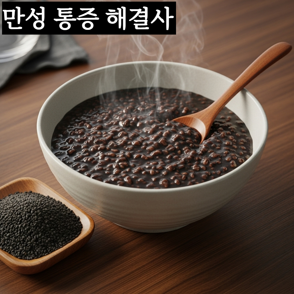 뼈 건강과 혈액 순환에 좋은 고소한 흑임자죽과 볶은 검은깨가 정갈하게 차려진 테이블 이미지