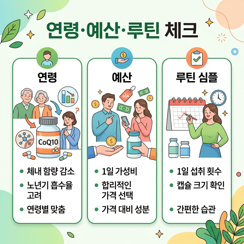 코엔자임Q10 관련 연령대와 예산별 선택 체크포인트 일러스트