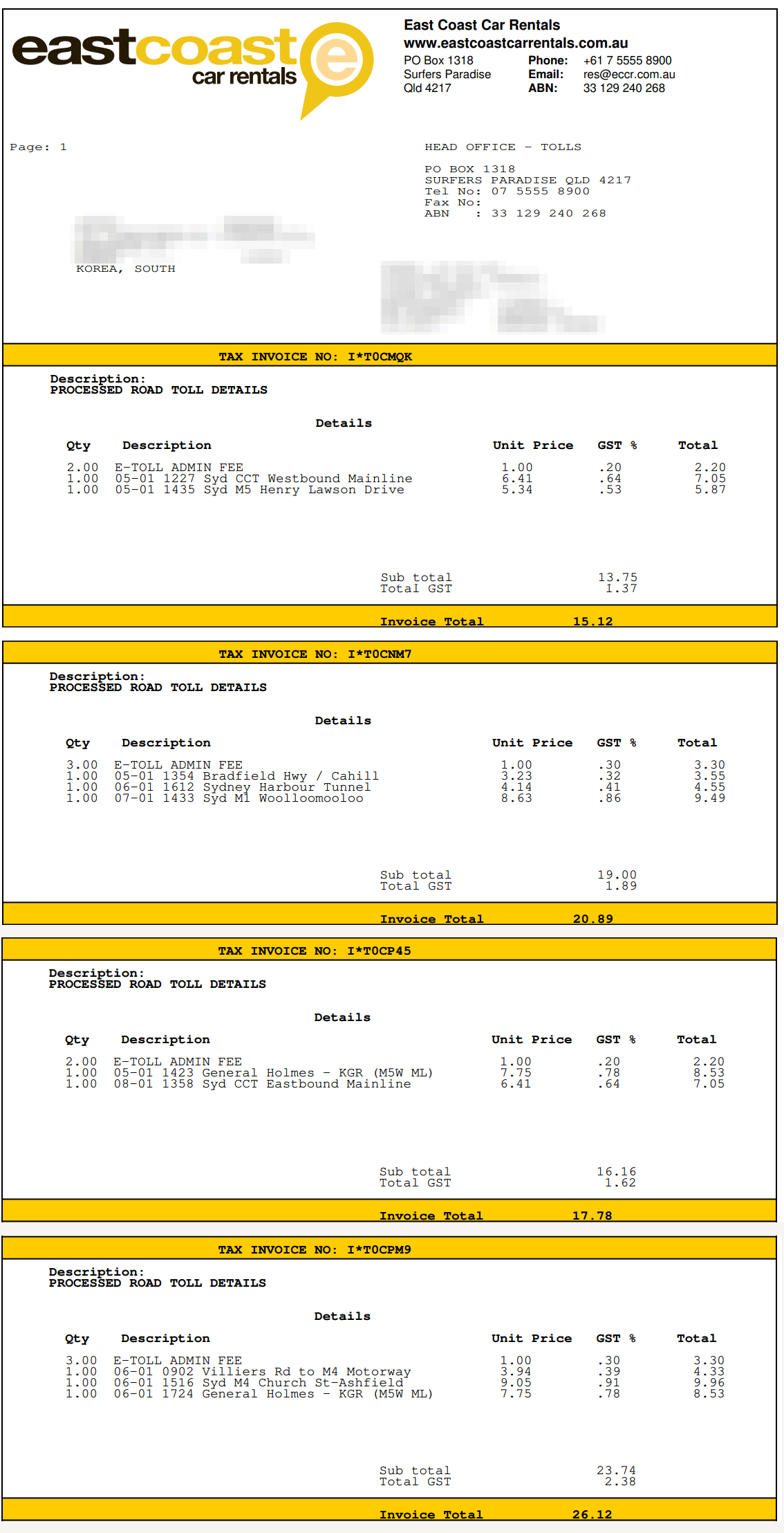 시드니 톨게이트 비용