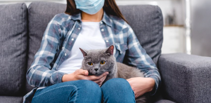 마스크를 쓴 여자와 고양이.