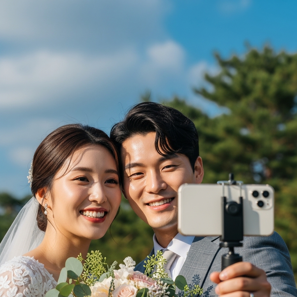 삼각대에 스마트폰을 거치하고 자연스럽게 웃으며 셀프 웨딩 스냅을 촬영하는 커플의 클로즈업 사진. 푸른 하늘과 나무가 배경으로 보입니다.2