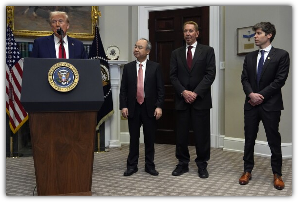 스타게이트 프로젝트를 설명하는 트럼프와 오픈AI, 소프트뱅크, 오라클의 CEO