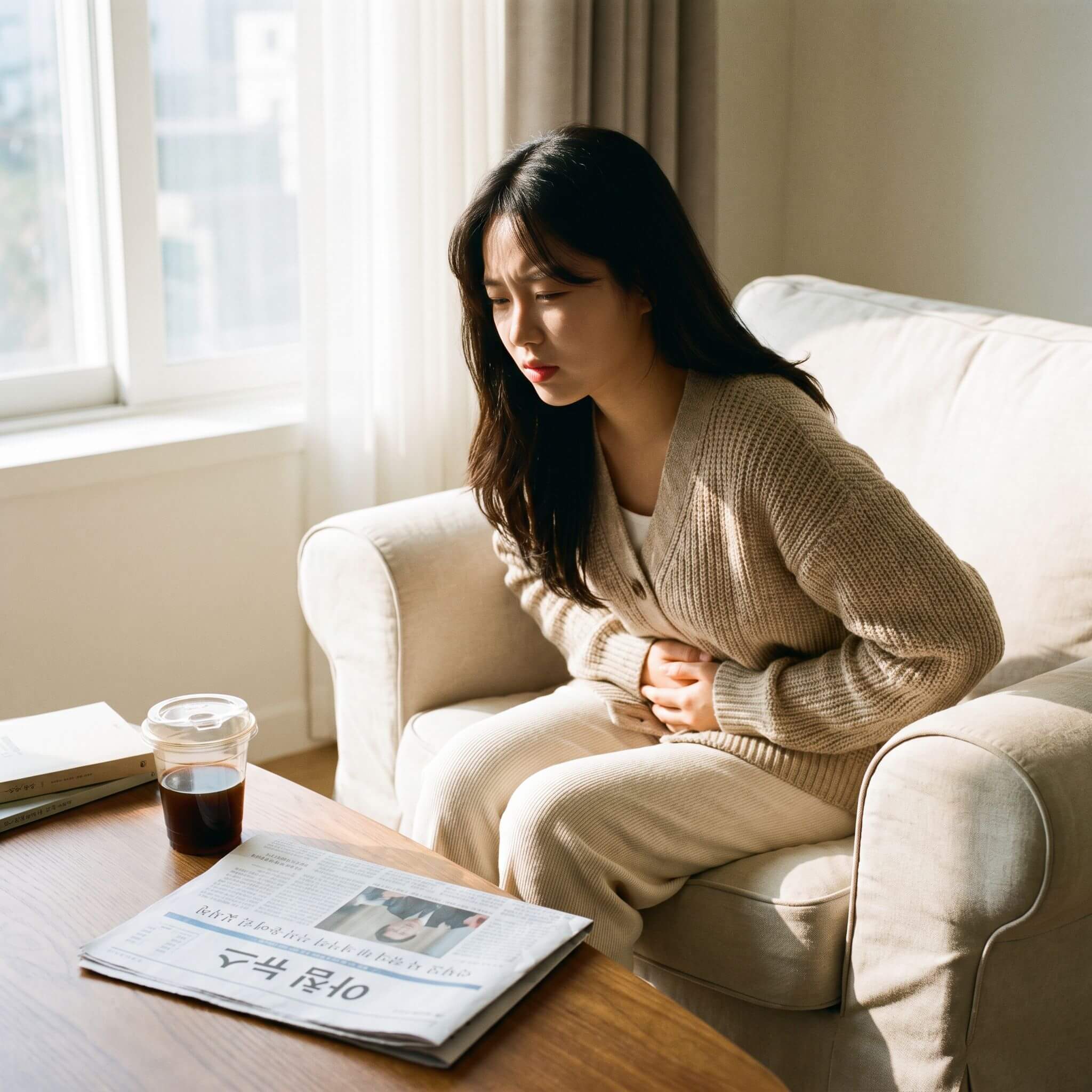 공복에 커피를 마시고 배아파하고있는 여자