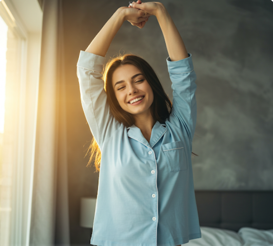 숙면 후 미소를 띄며 기지개 켜는 여성