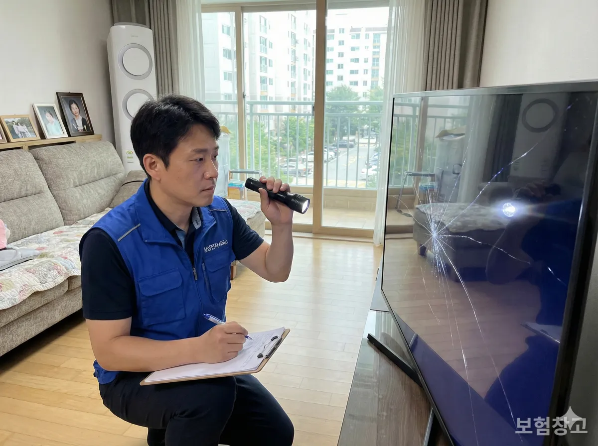 가전제품 서비스센터 기사가 깨진 TV 패널을 점검하고 수리 견적서를 작성하는 장면