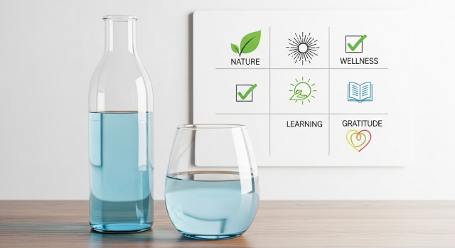 수분 섭취와 생활습관 관리를 연상시키는 물병과 체크 아이콘 구성 이미지