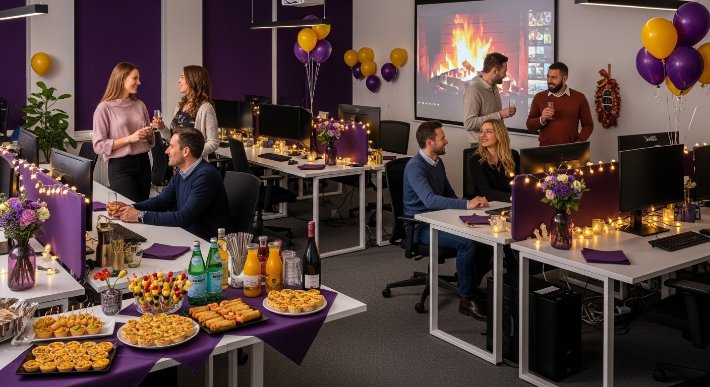 공유 오피스 공간이 파티 장소로 꾸며져 실용적이고 아늑한 분위기에서 송년회를 하는 모습