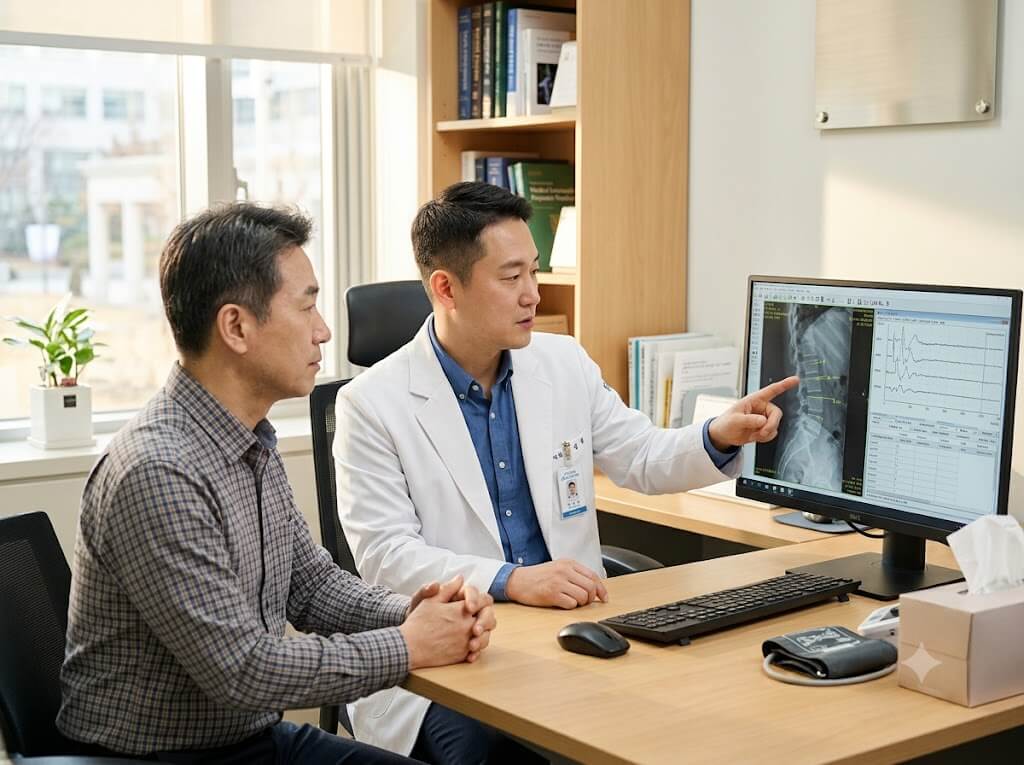 대학병원 재활의학과에서 X-ray와 근전도 검사 결과를 설명받는 장면
