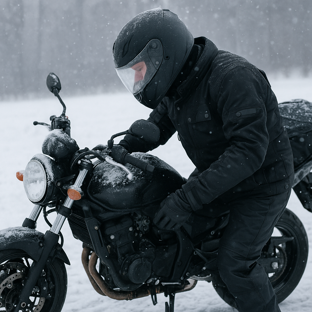 겨울에 오토바이 타는 남성