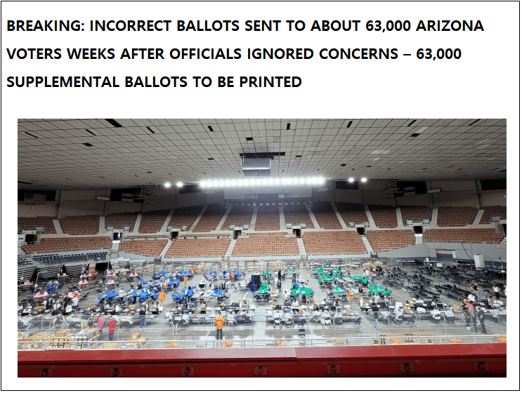 충격! 아리조나 주 부정투표 또 터졌다 BREAKING: INCORRECT BALLOTS SENT TO ABOUT 63,000 ARIZONA VOTERS WEEKS AFTER OFFICIALS IGNORED CONCERNS &ndash; 63,000 SUPPLEMENTAL BALLOTS TO BE PRINTED