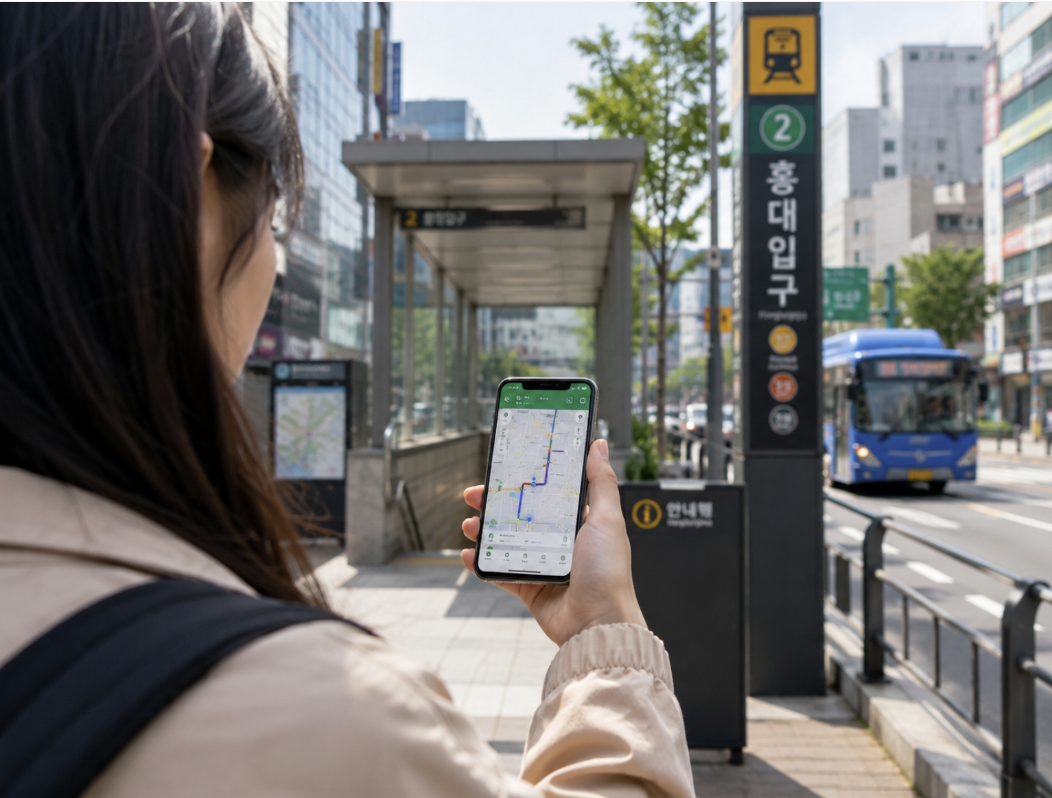 Traveler using Naver Map navigation Seoul Korea subway