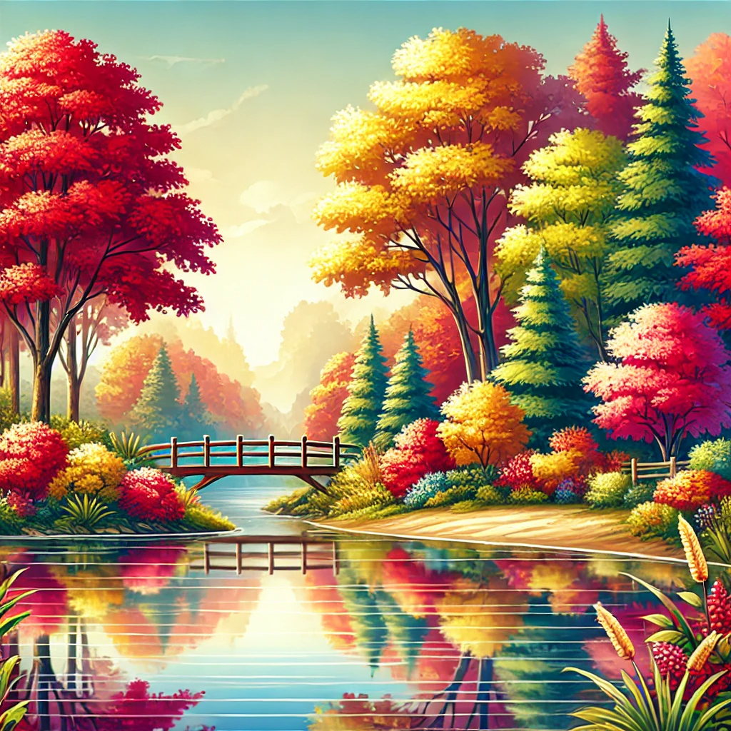 작은 나무 다리가 있는 평화로운 단풍이 물든 가을 풍경, 강물이 단풍을 반사하는 모습