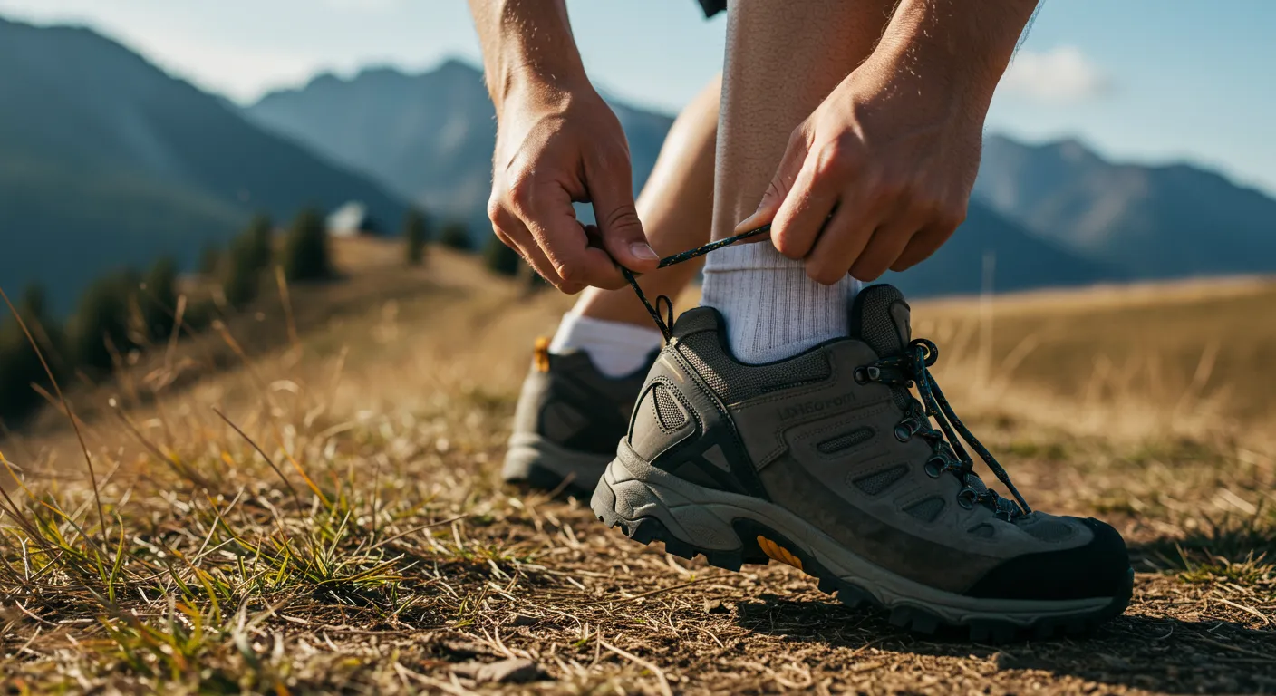 운동화 뒤꿈치 쪽 고리를 사용하여 신발끈을 묶는 모습
