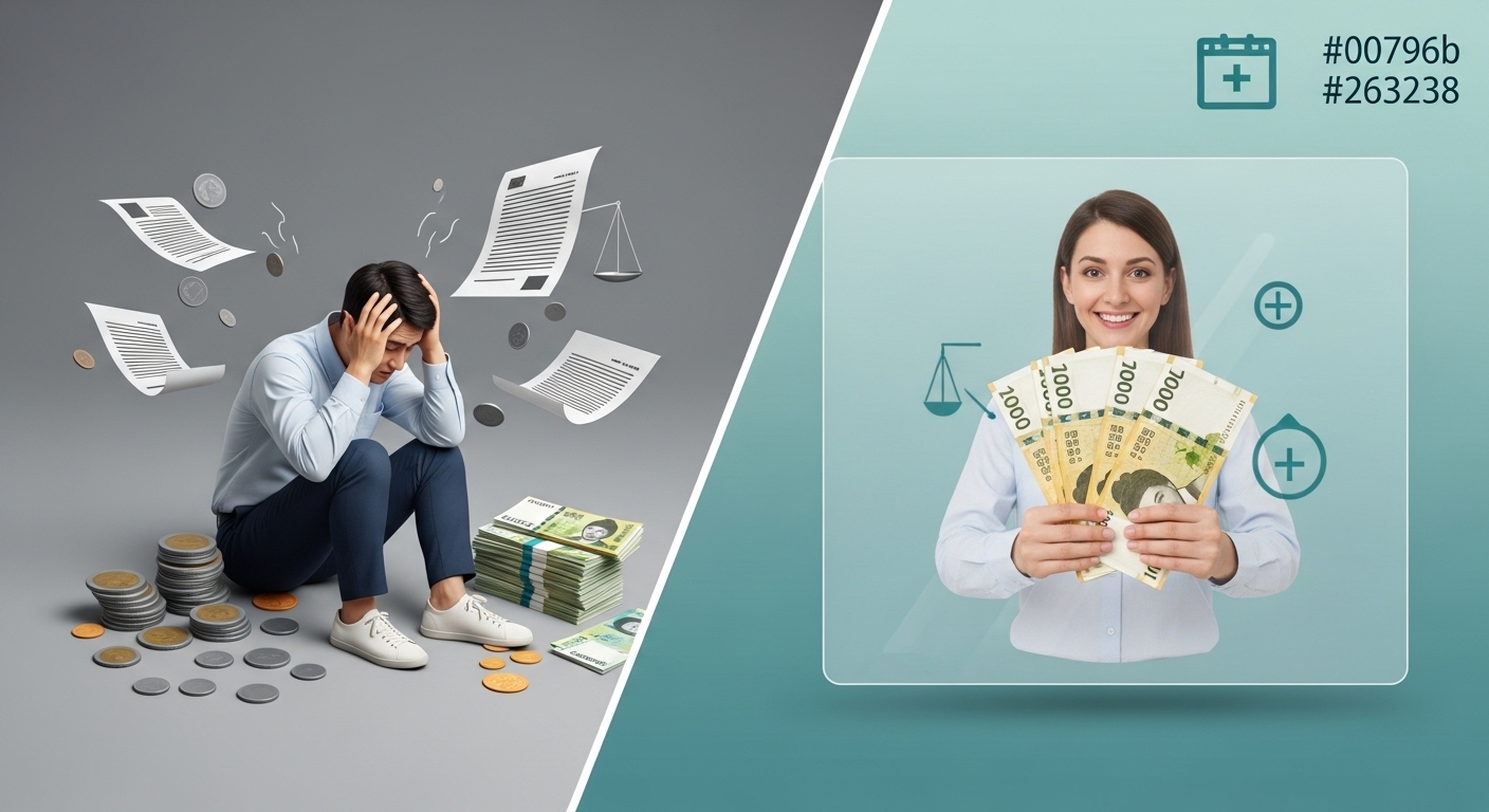 압류로 혼란스러워하는 모습과 생계비계좌로 돈이 안전하게 보호되어 안도하는 모습을 대비시킨 이미지