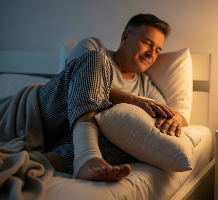 침대에 누워 발목을 쉬게 하는 사람의 이미지. 휴식의 중요성을 강조합니다.