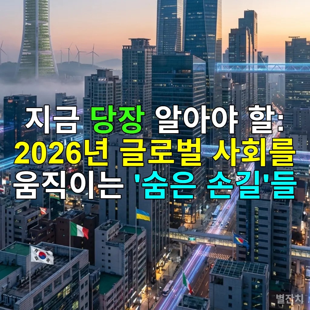 2026년 글로벌 사회의 복잡한 흐름을 상징하는 미래 도시 풍경. AI 네트워크, 기후 변화, 지정학적 요소, 경제 활동이 조화롭게 어우러진 모습