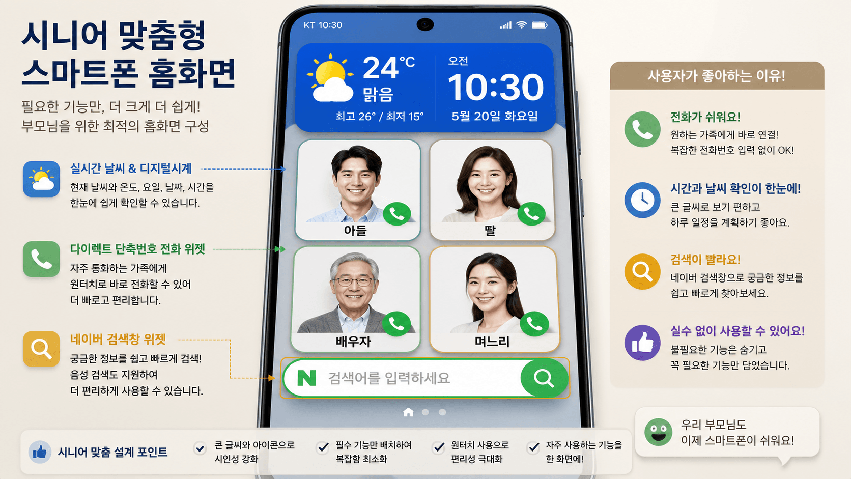 시니어 맞춤형으로 스마트폰 홈화면이 최적화된 상태 이미지