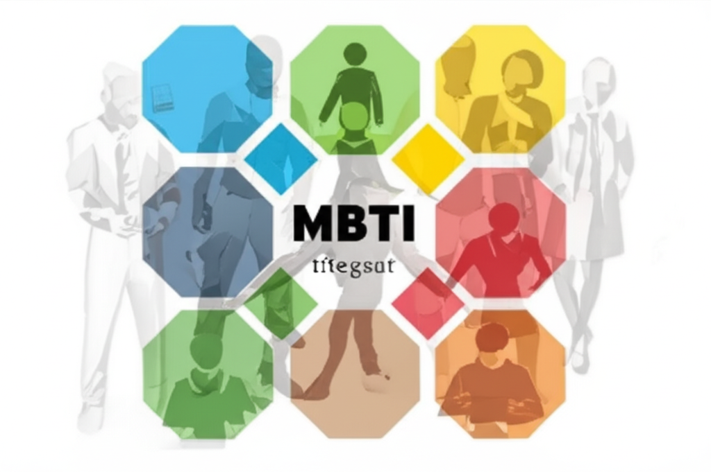 다양한 색상의 팔각형 안에 여러 직업을 가진 사람들의 실루엣이 보입니다. 중앙에는 'MBTI'라는 글자가 크게 쓰여 있으며, 이는 MBTI 유형과 각기 다른 직업군 간의 연관성을 상징하는 추상적인 이미지입니다.