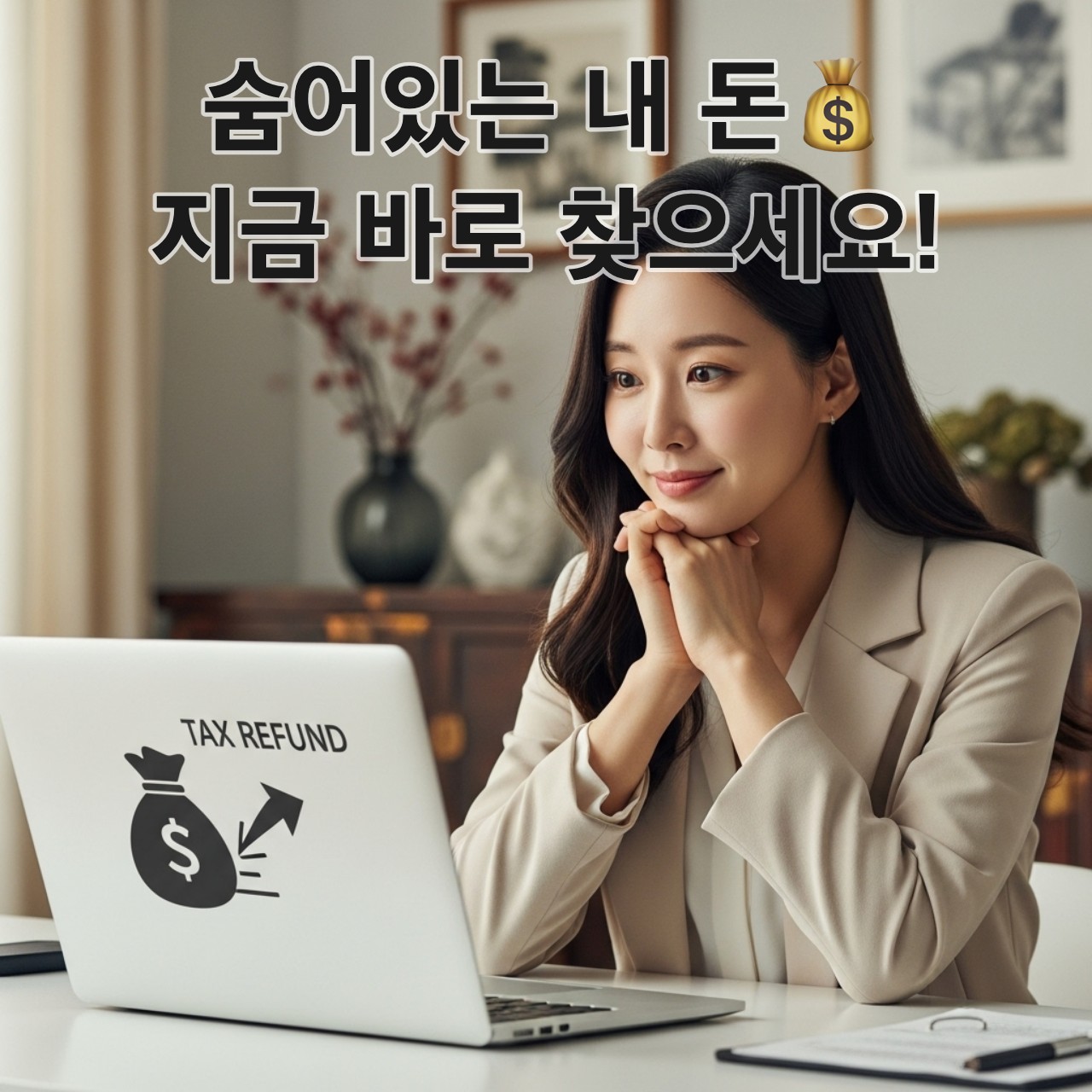 노트북으로 숨은 세금 환급금을 확인하며 놀란 표정을 짓는 한국인 여성. 홈택스 또는 위택스를 통한 세금 환급 조회 및 신청 방법을 상징적으로 나타냅니다.