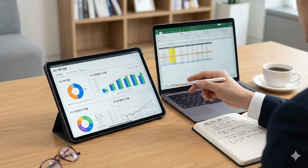 투자 전략 보고서와 ISA, ETF 수익률 차트가 띄워진 태블릿을 확인하는 직장인의 모습