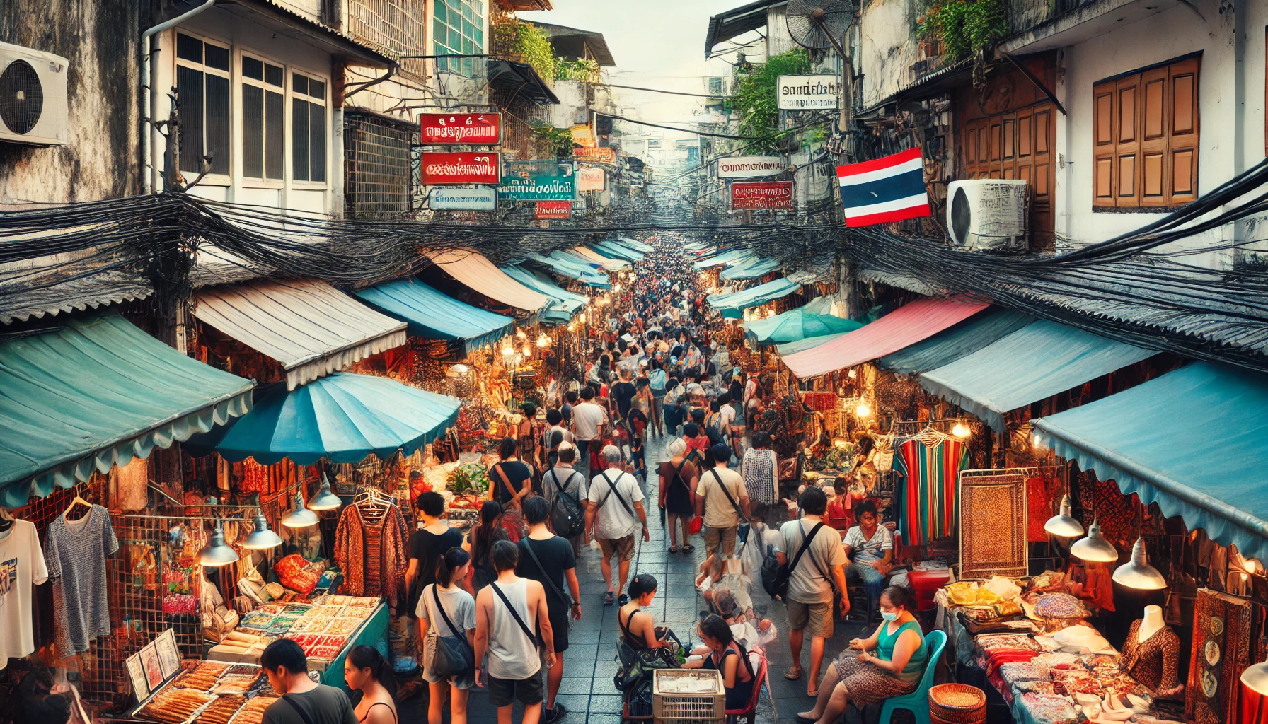 짜뚜짝 주말 시장의 활기찬 풍경과 가득 찬 상점들