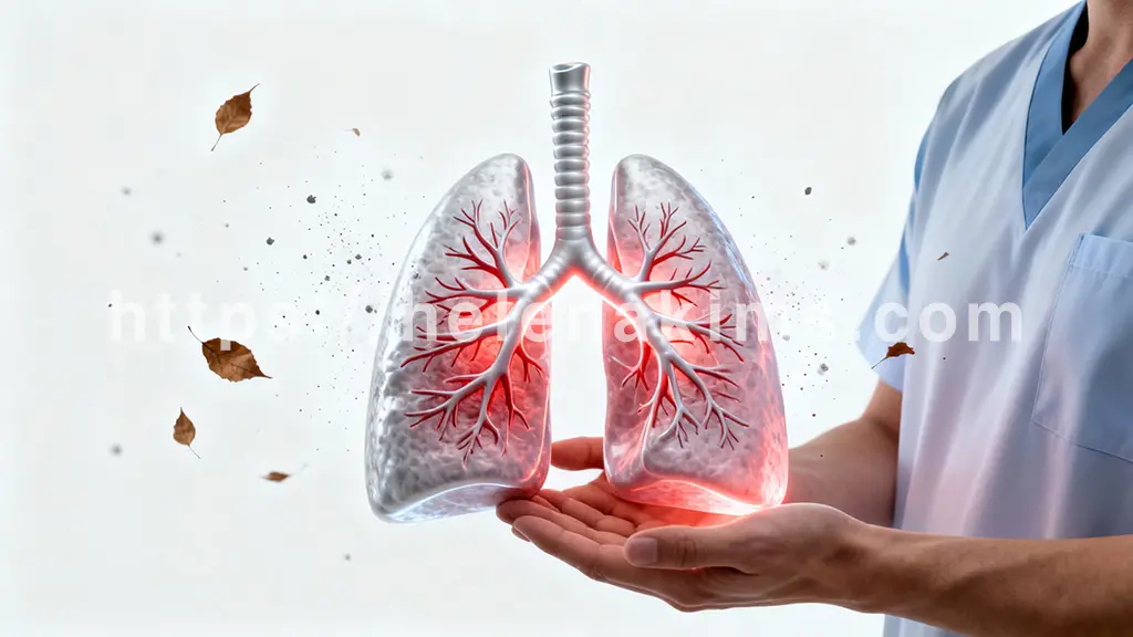 이 기관지 모델 주변으로 붉고 부드러운 빛이 미묘하게 스며들어 염증 상태를 암시하며, 동시에 작고 건조한 낙엽이나 미세먼지 입자들이 섬세하게 흩뿌려져 외부 자극의 위험성을 은유적으로 표현합니다. 옆에는 건강한 사람의 손이 부드럽게 감싸는 듯한 포즈를 취하고 있어 기관지 건강에 대한 관심과 보호의 메시지를 전달합니다.