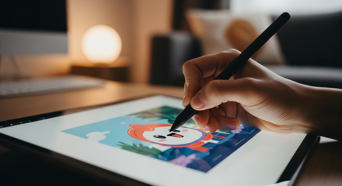 태블릿 펜으로 디지털 일러스트를 그리는 손의 클로즈업. 창의적인 디지털 드로잉 취미를 보여줌.