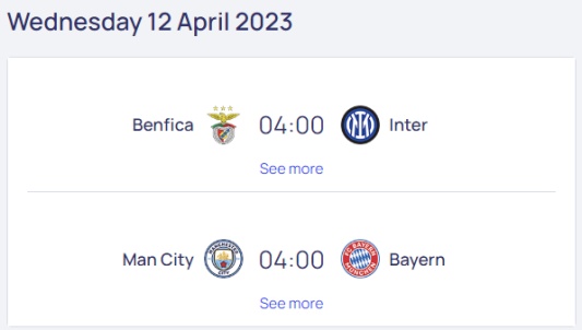 UEFA 챔피언스리그 8강 경기 일정 맨체스터 시티 바이에른 뮌헨 벤피카 인터밀란