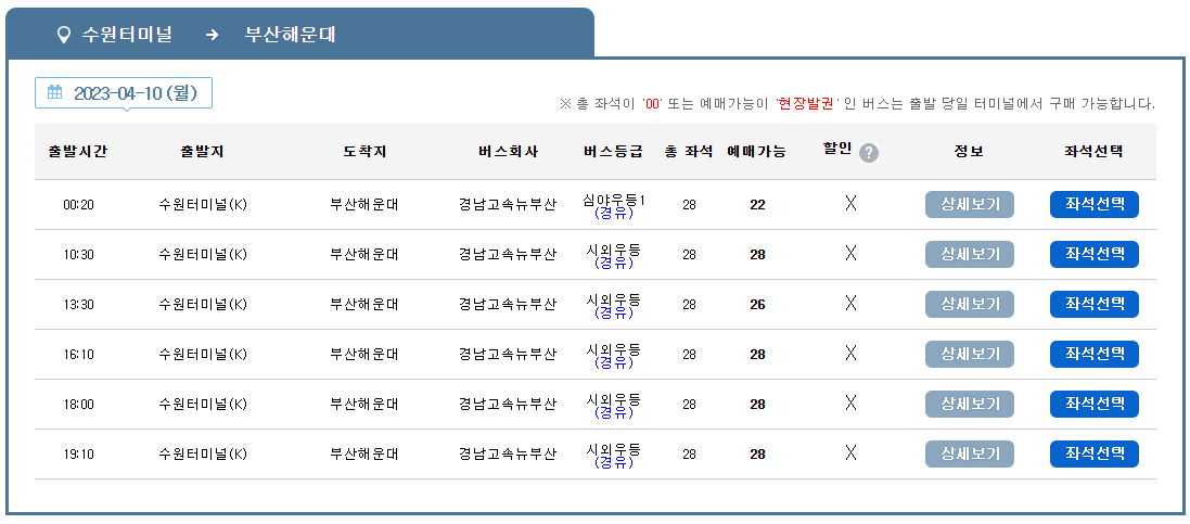 수원터미널에서 부산해운대 시외버스터미널