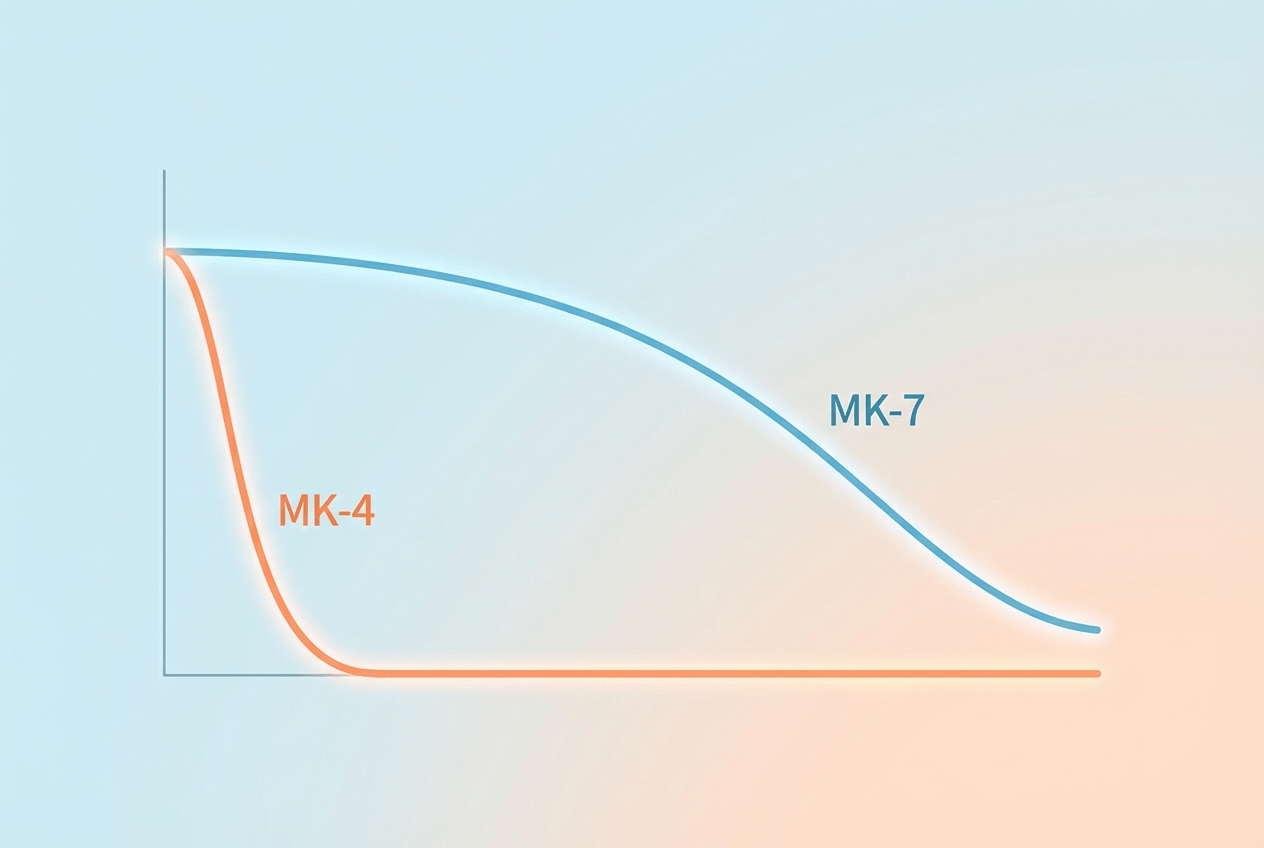 MK-4와 MK-7의 체내 반감기 비교 그래프. 시간 경과에 따른 혈중 농도 변화를 나타낸 도식.