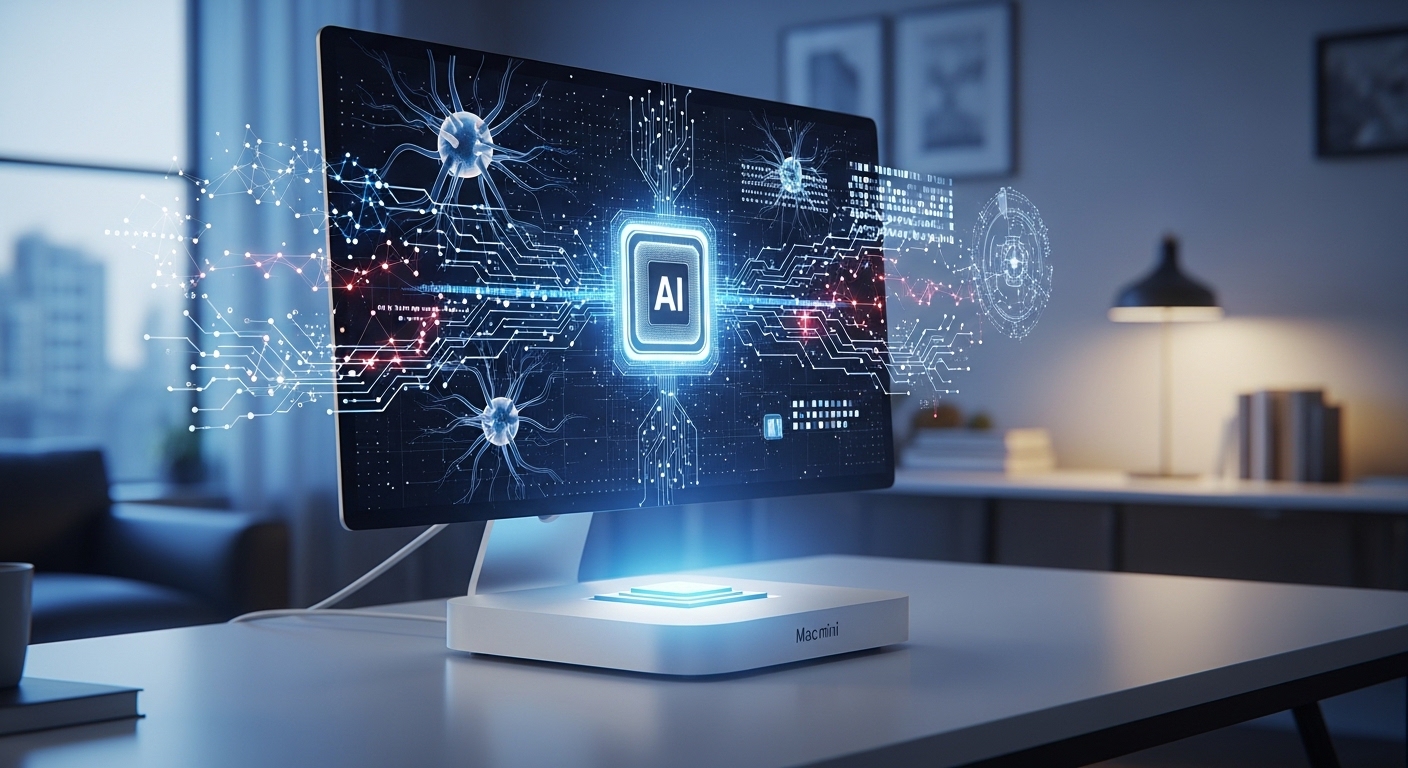 2026년형 M4 또는 M5 맥미니가 미래지향적인 사무실 책상 위에 놓여 있는 모습. 강력한 성능과 인공지능 처리 능력을 상징하는 시각적 효과가 강조됨.