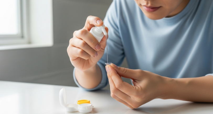 렌즈 세척을 통해 눈 가려움을 관리하는 모습