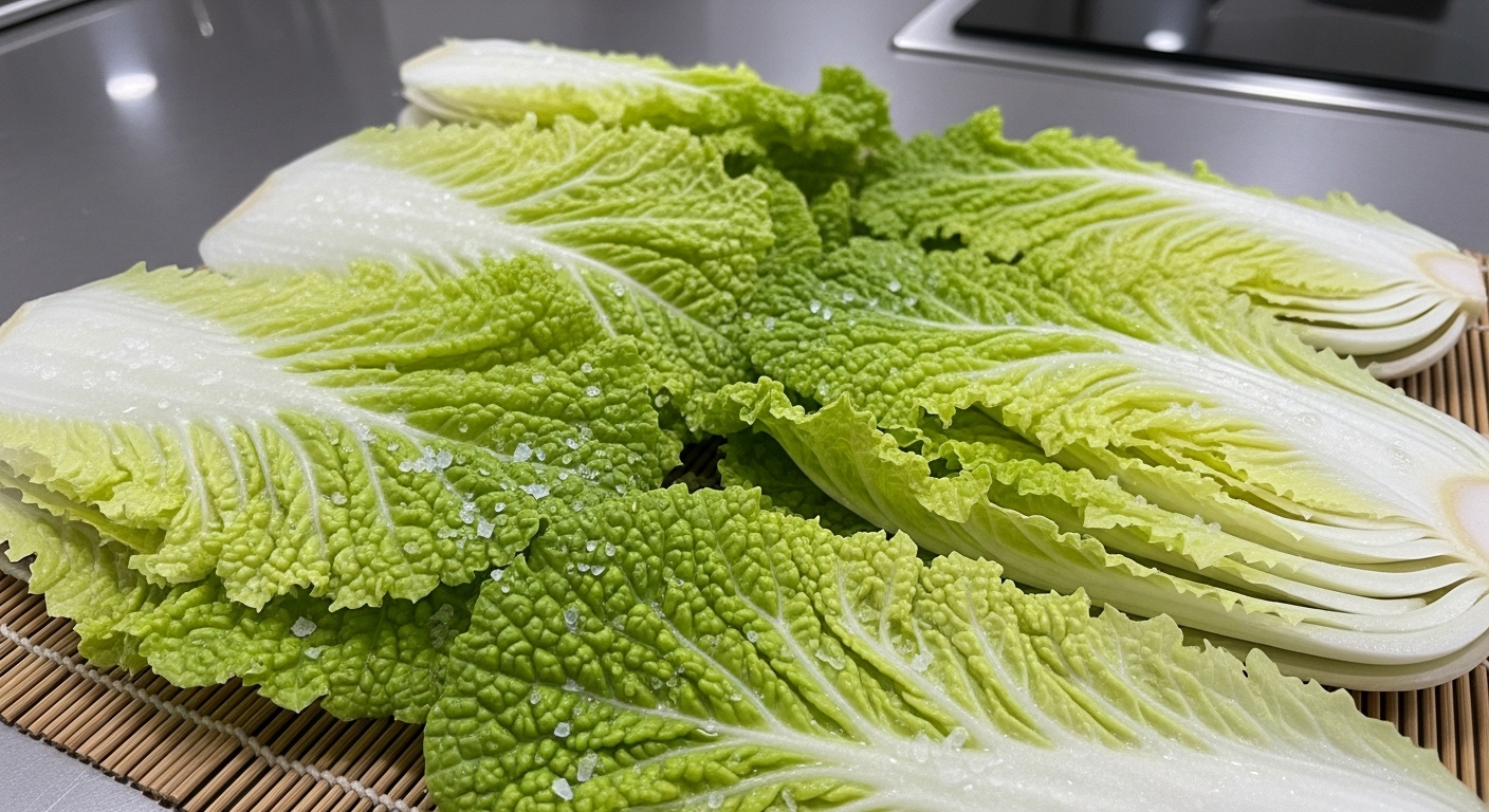 잘 절여져 아삭함이 느껴지는 김장 배추가 물기를 빼고 있는 모습.