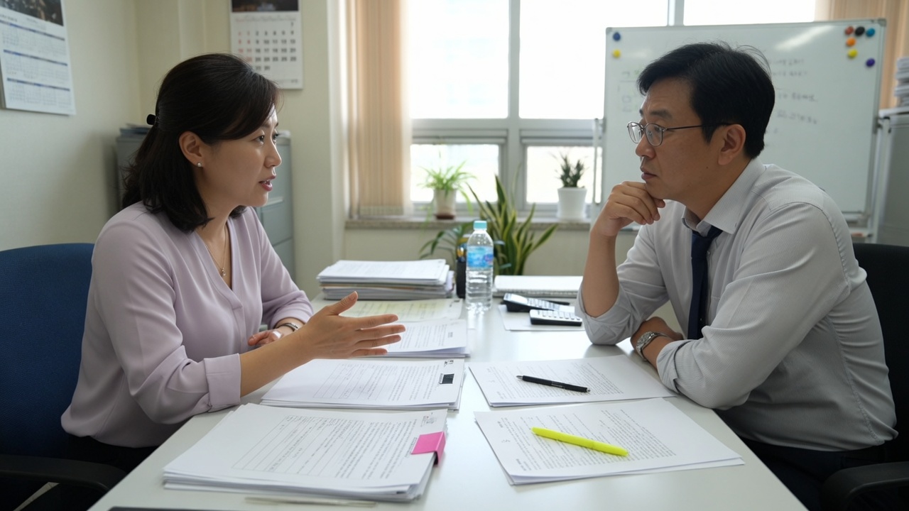 계산기와 책자가 놓인 책상