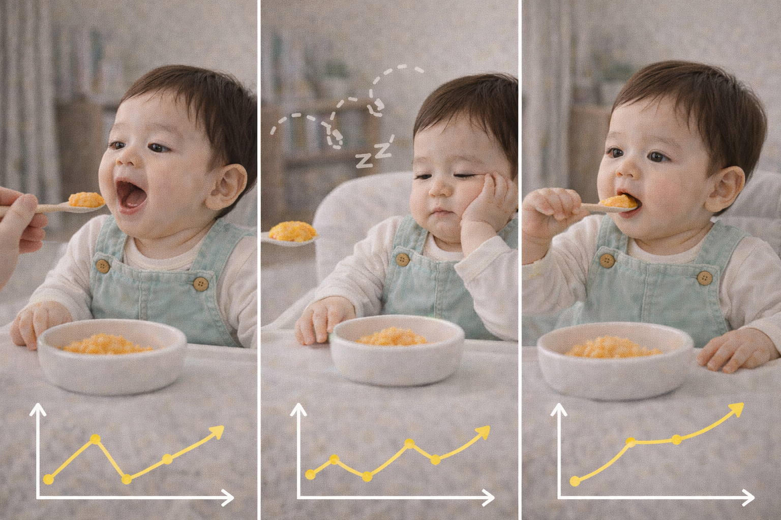 영아전환기 식사량이 들쑥날쑥하지만 흐름이 유지되는 아기 모습