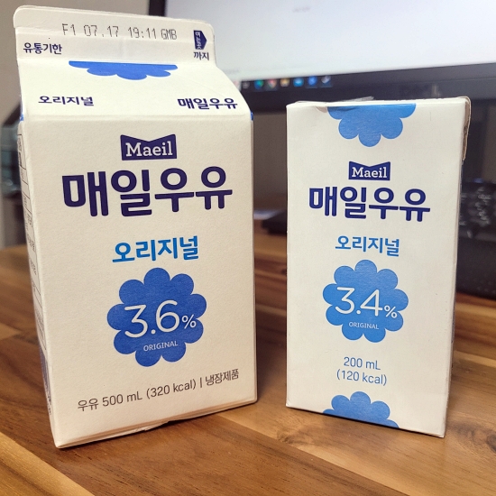 매일우유에 숫자까 써 있다. 3.6%, 3.4%