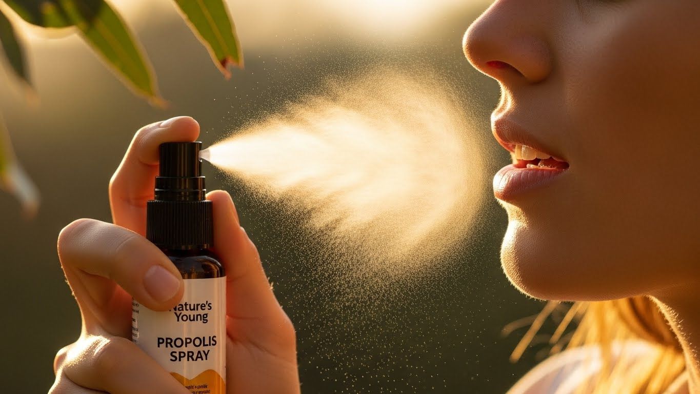 프로폴리스 스프레이를 입안에 부드럽게 뿌리는 사람의 클로즈업 웜톤 이미지로 미세한 안개를 보여줍니다.