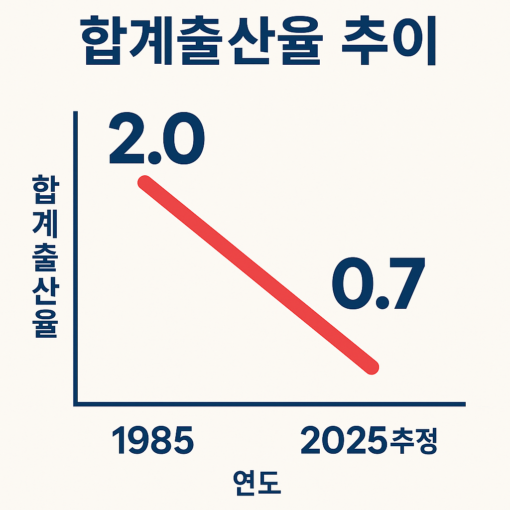 대한민국 합계출산율이 1985년 2.0명에서 2025년 0.7명까지 급격히 감소하는 흐름을 보여주는 인포그래픽 그래프