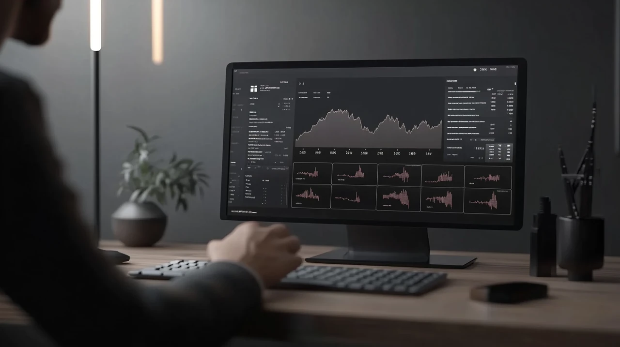 투자자가 디지털 대시보드에서 월배당 ETF 포트폴리오 분산, 배당수익률, 위험수준을 비교하며 전략을 조정하는 모습, 배당 ETF 분산 투자, 리스크 관리, 인컴 투자 전략, 배당률 분석 중점