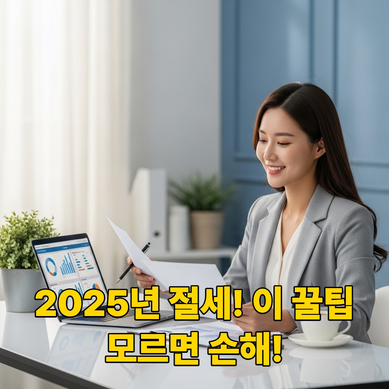 노트북과 서류를 보며 세금 절약 계획을 세우는 한국인 직장 여성의 모습