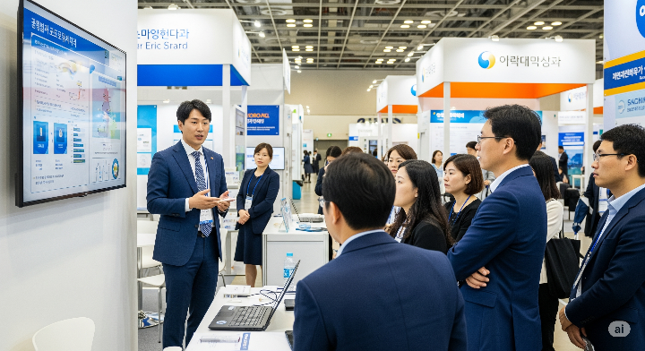 헬스케어 박람회에서 투자자를 상대로 사업 계획을 발표하는 창업가