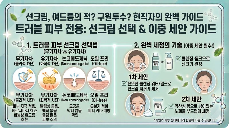 트러블 피부 전용 선크림 선택 및 이중 세안 가이드, 무기자차와 유기자차의 차이점, 논코메도제닉 및 오일프리 확인번, 클렌징 워터와 밀크를 이용한 1차 세안 및 약산성 폼클렌징을 이용한 2차 세안 루틴 요약
