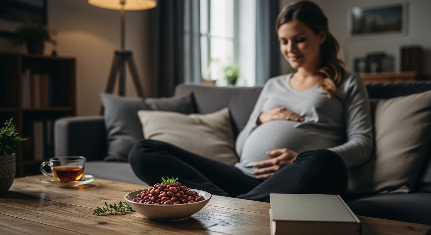 임산부가 팥 섭취 시 주의해야 할 점을 상징하는, 평화로운 집에서 휴식 중인 임산부와 팥