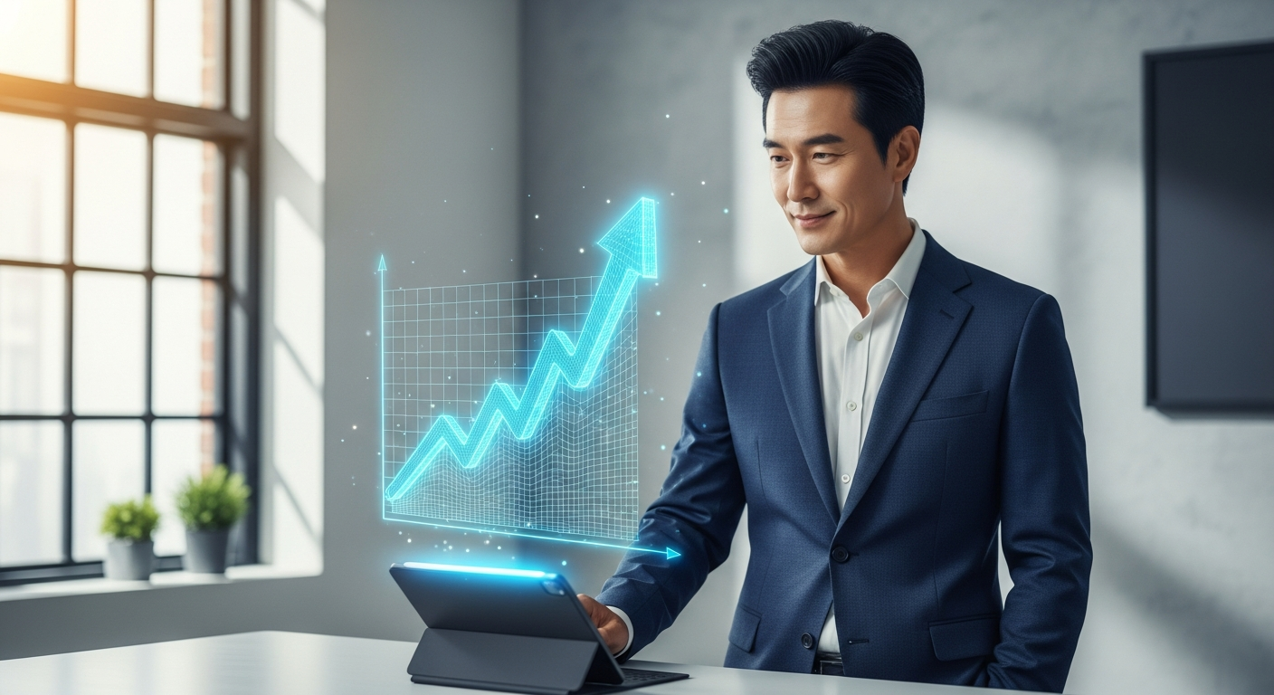 2026년 기술 지원을 통해 디지털 날개를 달고 비상하는 소상공인의 모습을 표현한 일러스트