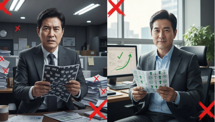 베트남 스폰서 법인의 세무 불일치와 투명한 재무 관리를 대조적으로 보여주는 한국인 투자자의 모습