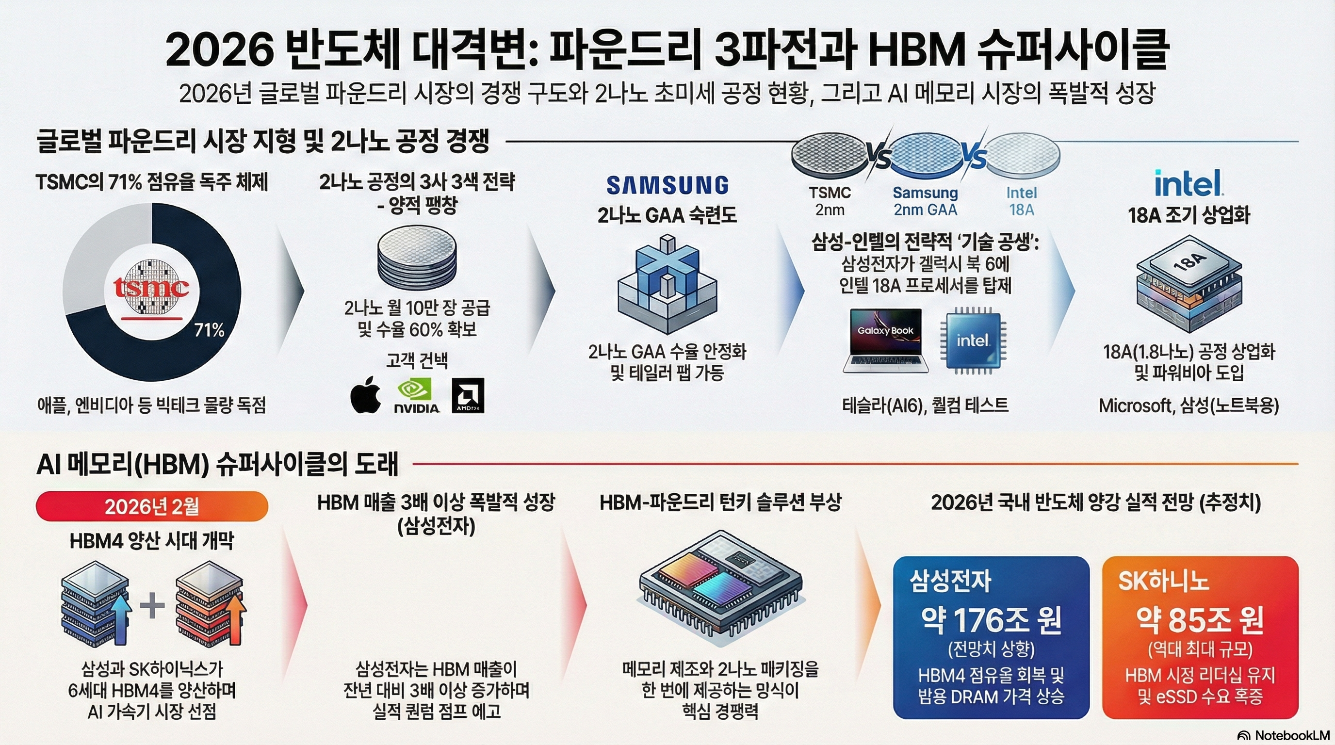 2026년 글로벌 파운드리 시장 점유율, TSMC vs 삼성전자 vs 인텔의 2나노 초미세 공정 경쟁, 그리고 AI 메모리(HBM) 슈퍼사이클을 요약한 블로그용 시각 자료